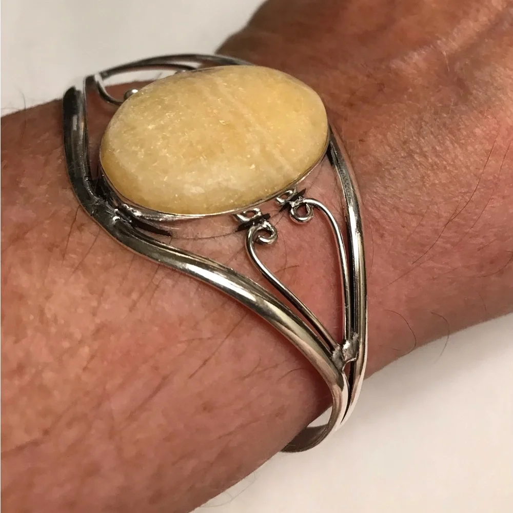 Yellow Lace Agate Stamped 925 Sterling Silver Cuff Bracelet